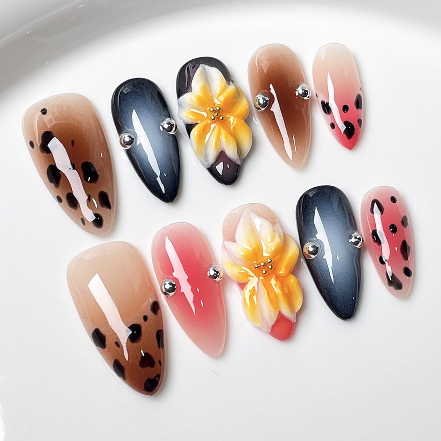 Luxury Press on Nails Medium Almond Handmade 3D Unique Reusable ABS Material Fake Nails False Nails with Designs Yellow Flower Leopard Art Petal Pink Glossy Glue on Thick Acrylic Nails(S)