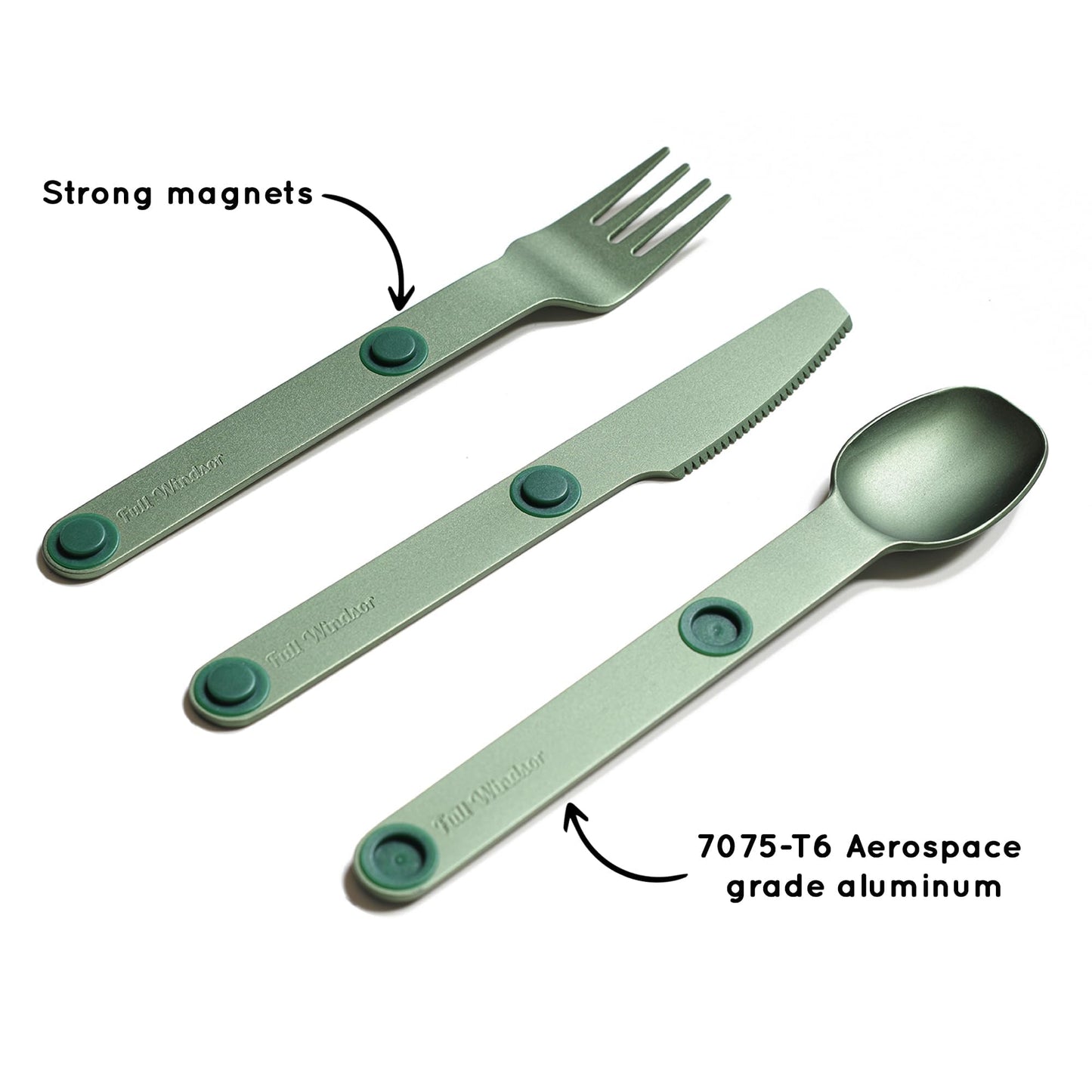 FULL WINDSOR - MAGWARE Magnetic Camping Cutlery Set - Travel Utensils for Camping, Cooking, and Outdoor Dining - Knife, Fork & Spoon - Portable Silverware with Pouch - Green (3 PCS)