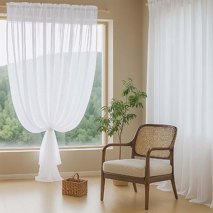 Extra Wide White Sheer Curtains for Windows 108 inches Long, Lightweight Light Filtering Soft Drapes for Living Room Bedroom, Dual Rod Pocket Sheer Curtains, 2x59Wx108L inches, 9FT, 2PCS