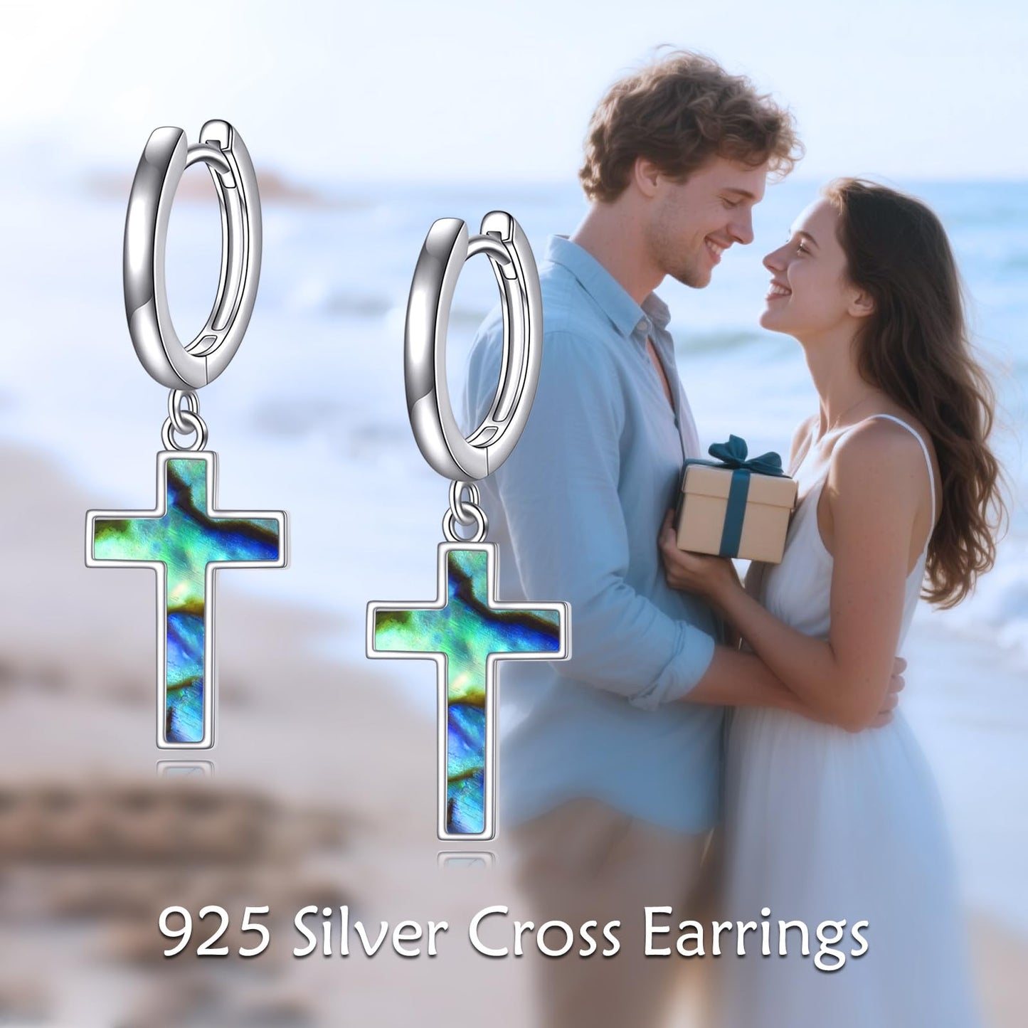 Hanging Cross Earrings Sterling Silver Abalone Shell Cross Dangle Drop Hoop Earrings Jewelry Gifts for Women Men