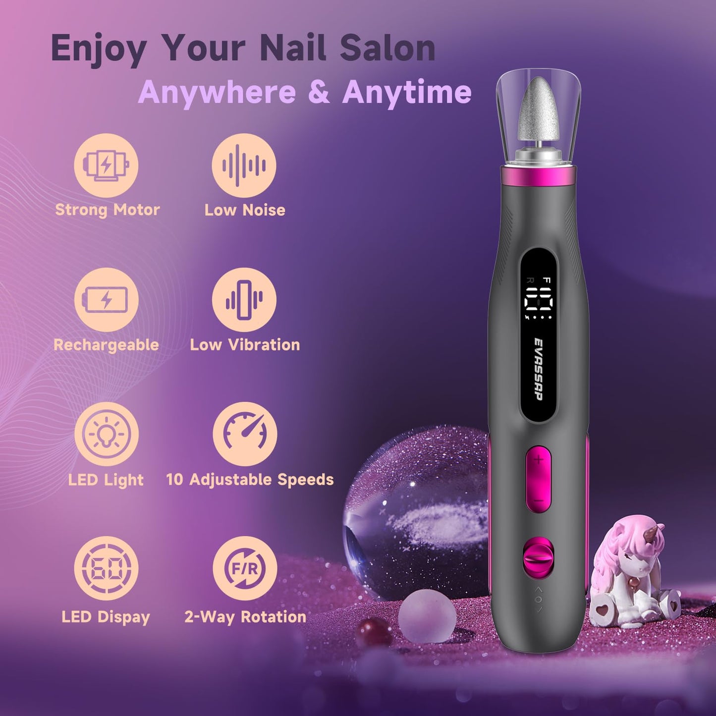 Professional Nail Drill,Electric Nail File kit for Acrylic Gel Nails,Electric Manicure and Pedicure Tools,10 Speeds Nail Care Gift for Trimmer,Grinder,Buffer(Black)