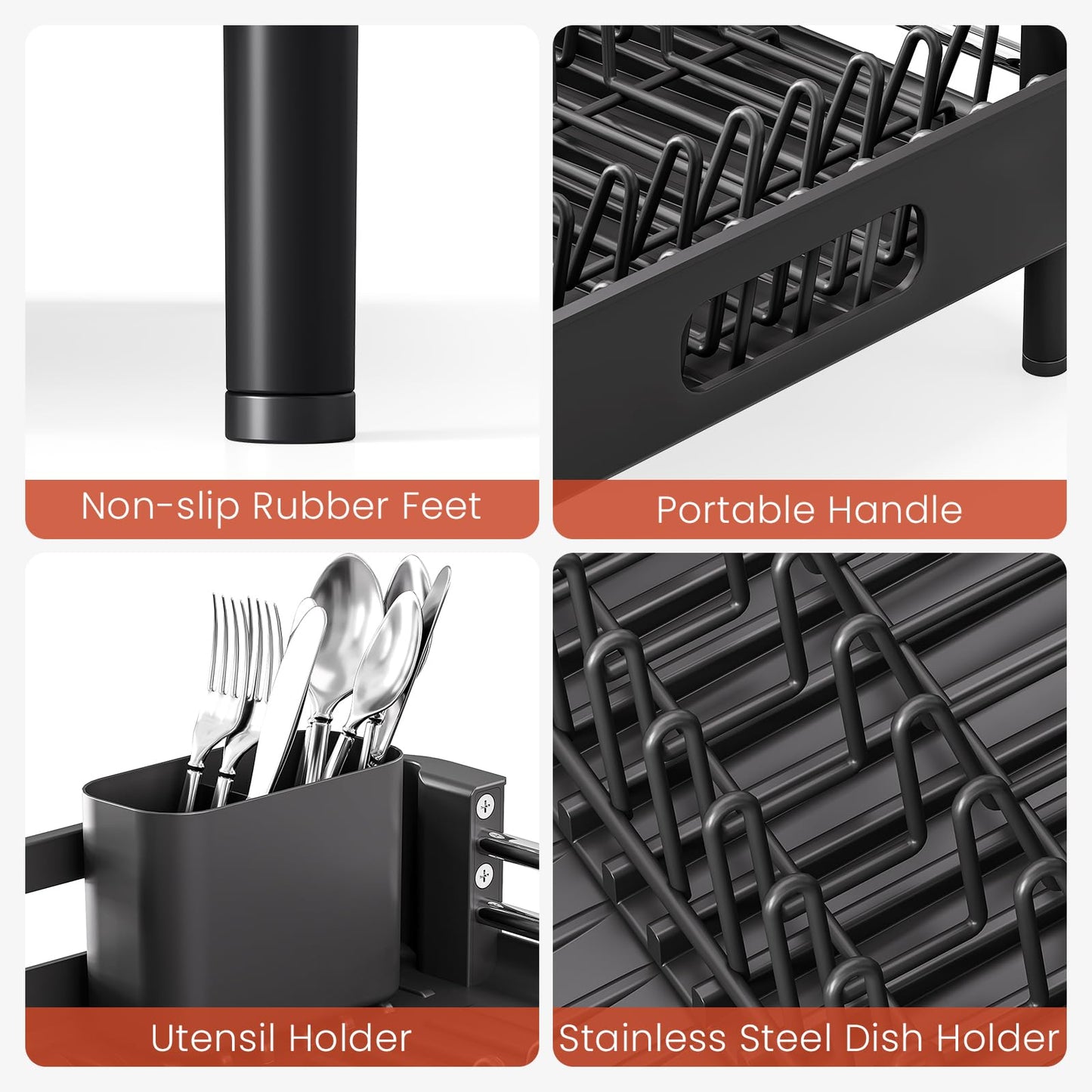 TOOLF Dish Drying Rack, Expandable Dish Rack for Kitchen Counter, Anti-Rust Dish Drainer, Sink Organization and Storage Essentials with Cutlery & Cup Holder, Black