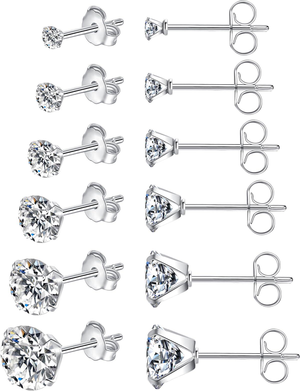 6 Pairs Stud Earrings for Women Men, Hypoallergenic Cubic Zirconia 316L Earrings Surgical Steel Earrings for Sensitive Ears, CZ Cartilage Stud Earrings Set for Multiple Piercing 3-8mm