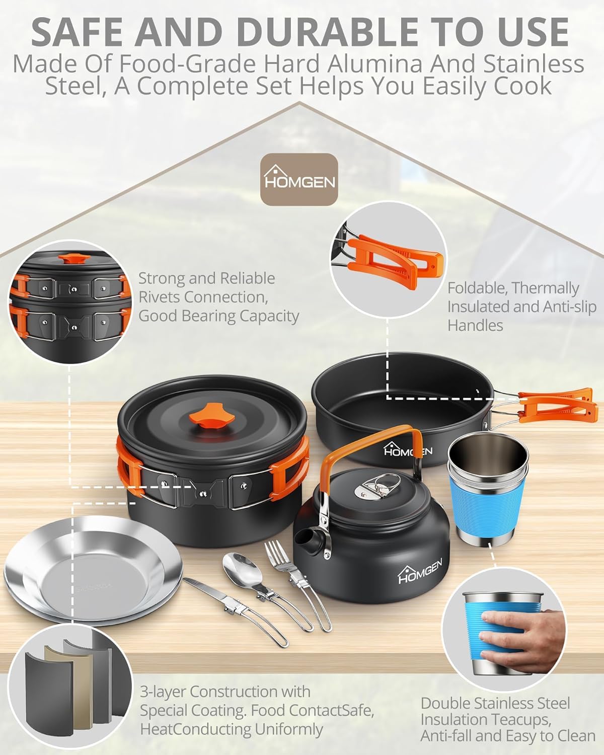HOMGEN Portable Camping Cooking Set with Folding Windscreen-Lightweight Aluminum Camp Pots and Pan-800ml Teapot- 2 Cups & Plates- Complete Camping Mess Kit for Hiking Picnic Camping RV Trevel Trip