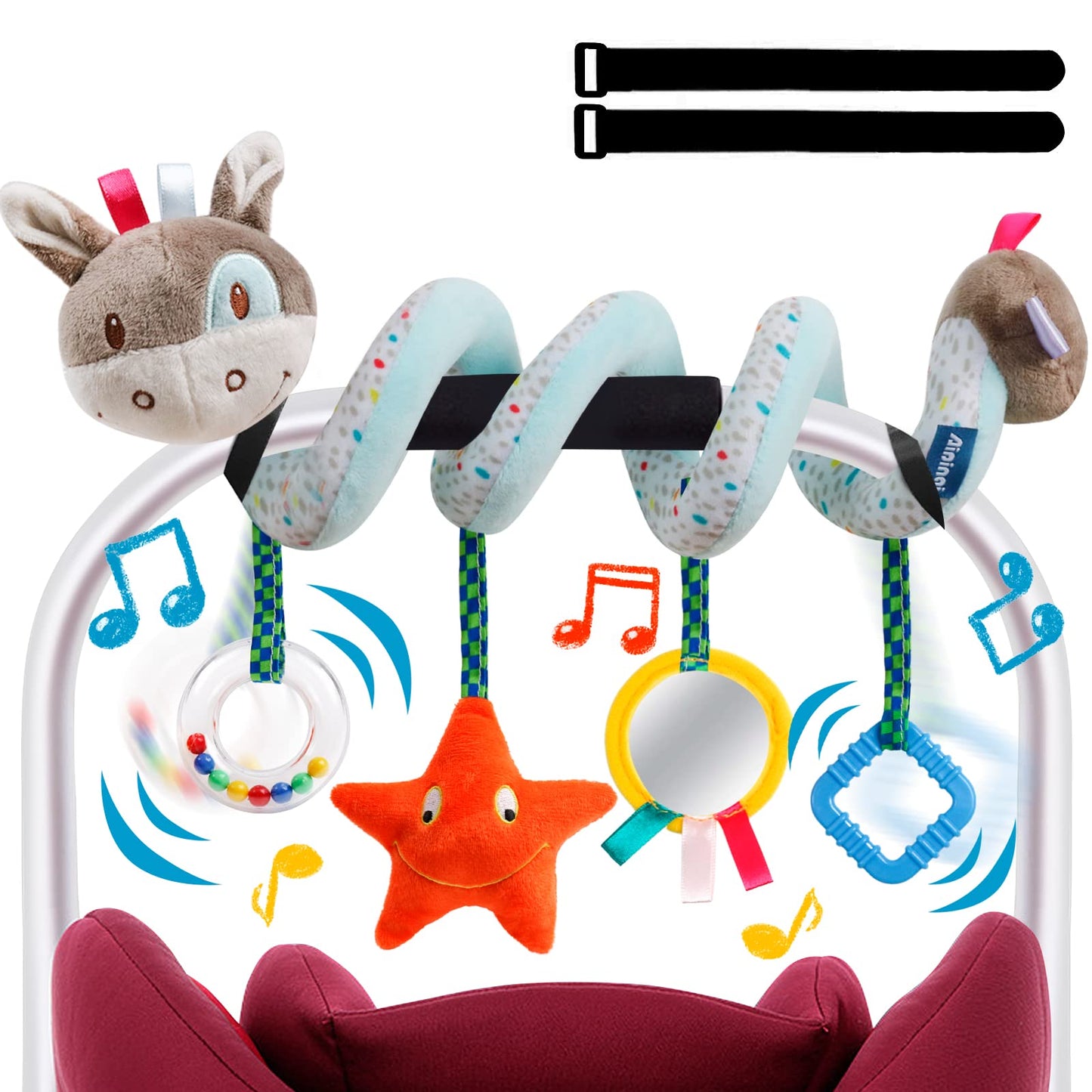 GKDOMS Baby Car Seat Toys Activity Stroller Toy for Boys Girls 0 3 6 9 10 12 Months, Spiral Hanging Plush Toys, Baby Shower Thank You Gifts