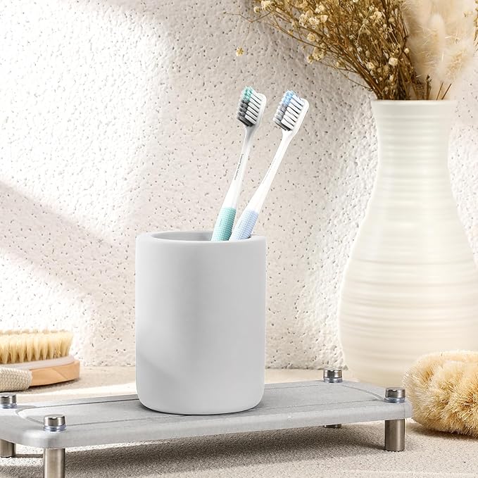 Diatomite Toothbrush Holder, BOJDOPIE Water Absorption Quick Drying Bathroom Countertop Organizer, Stand Cup for Toothpaste Makeup Brushes Razors (Light Grey)