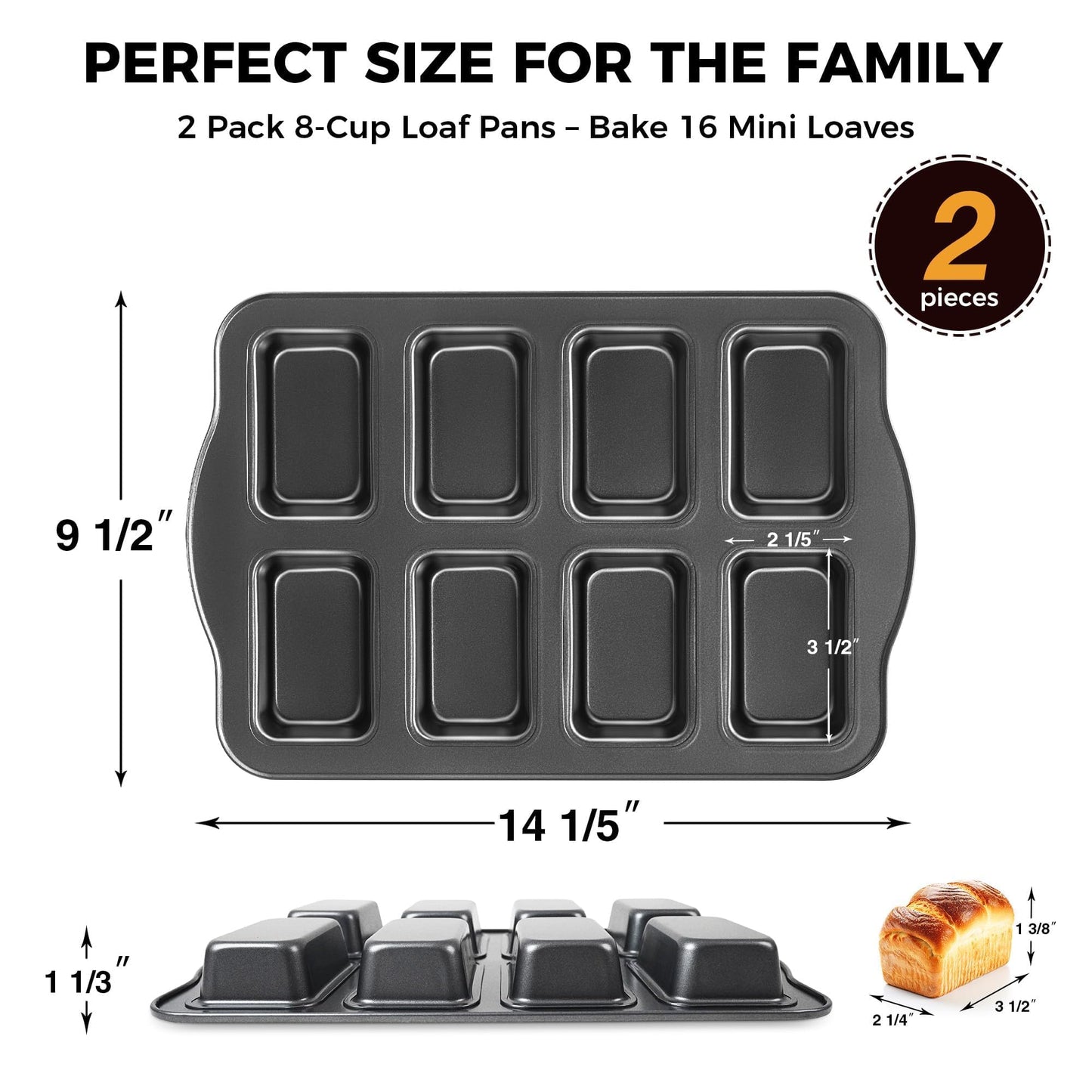 HONGBAKE 2 Pack Mini Loaf Baking Pans 8-Cavity, Nonstick Small Cornbread Pan, Tiny Banana Bread Pan Set, Heavy Duty Brownie TIn, Dark Grey