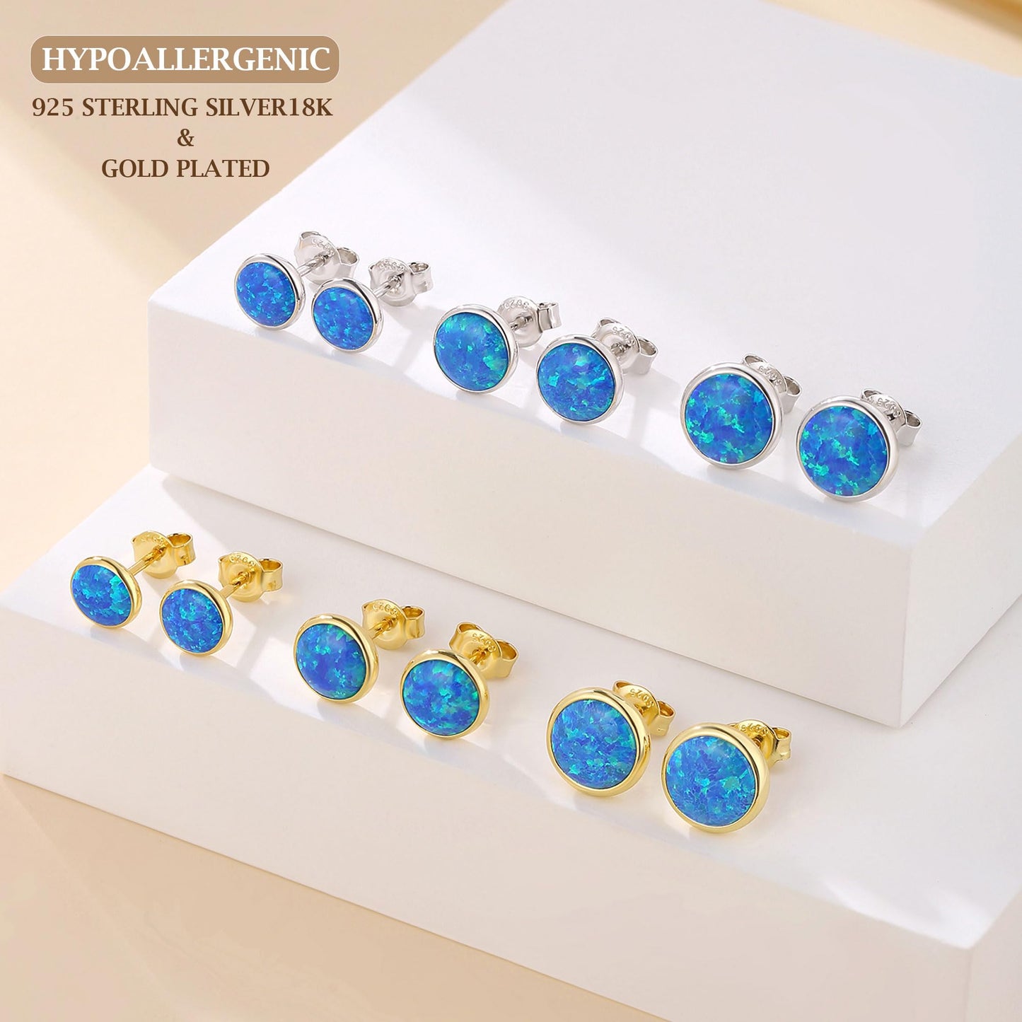 JiayangJY Silver Blue Fire Opal Stud Earrings for Women 18K Yellow Gold Plated Sterling Silver Round Shape 8mm Opal Earrings with Push Back