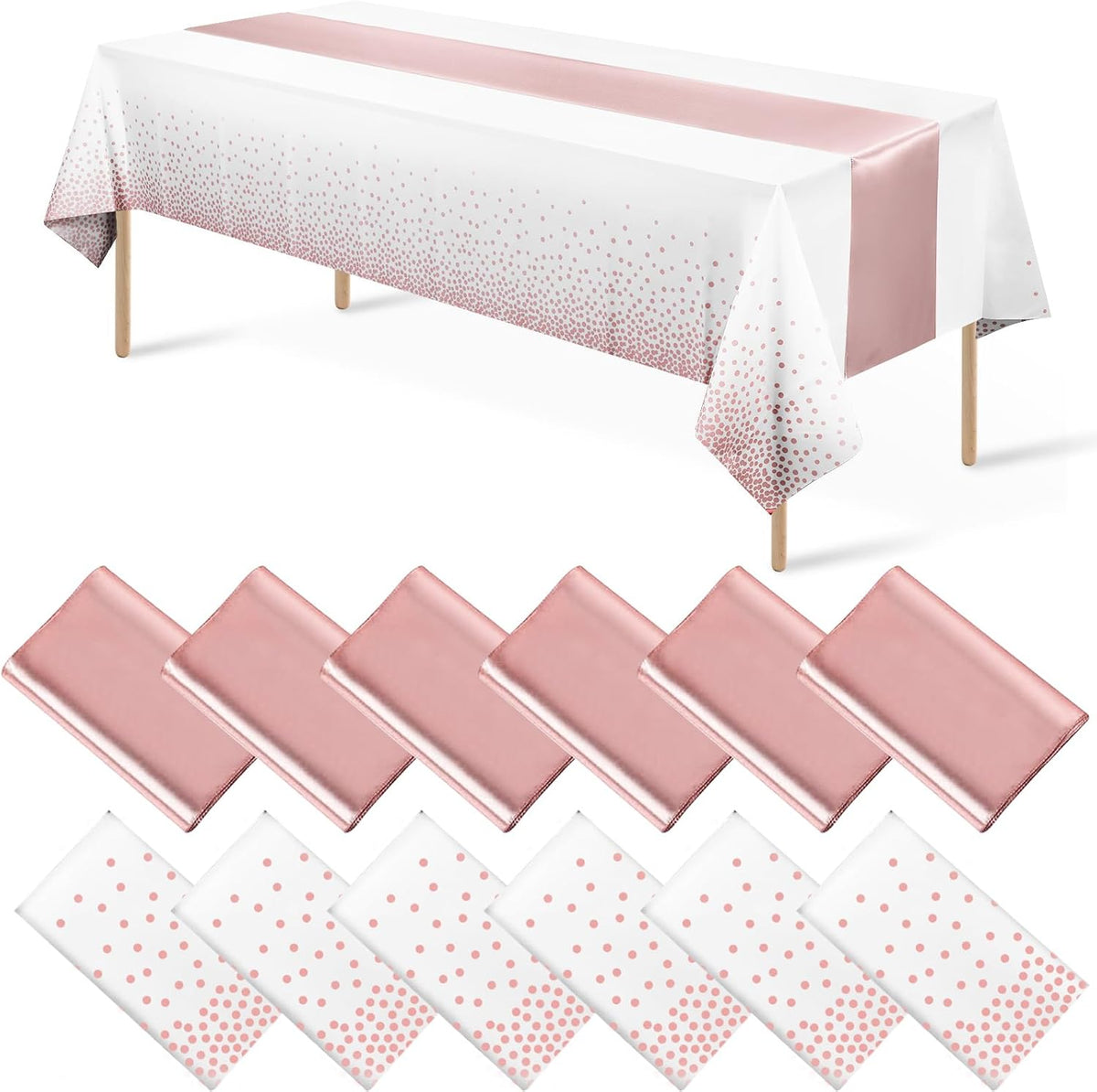 12 Pack Disposable Plastic Tablecloths and Satin Table Runner Set White and Rose Gold Dot Tablecloth Rose Gold Satin Table Runner for Wedding Birthday Baby Shower Anniversary Christmas New Year Party
