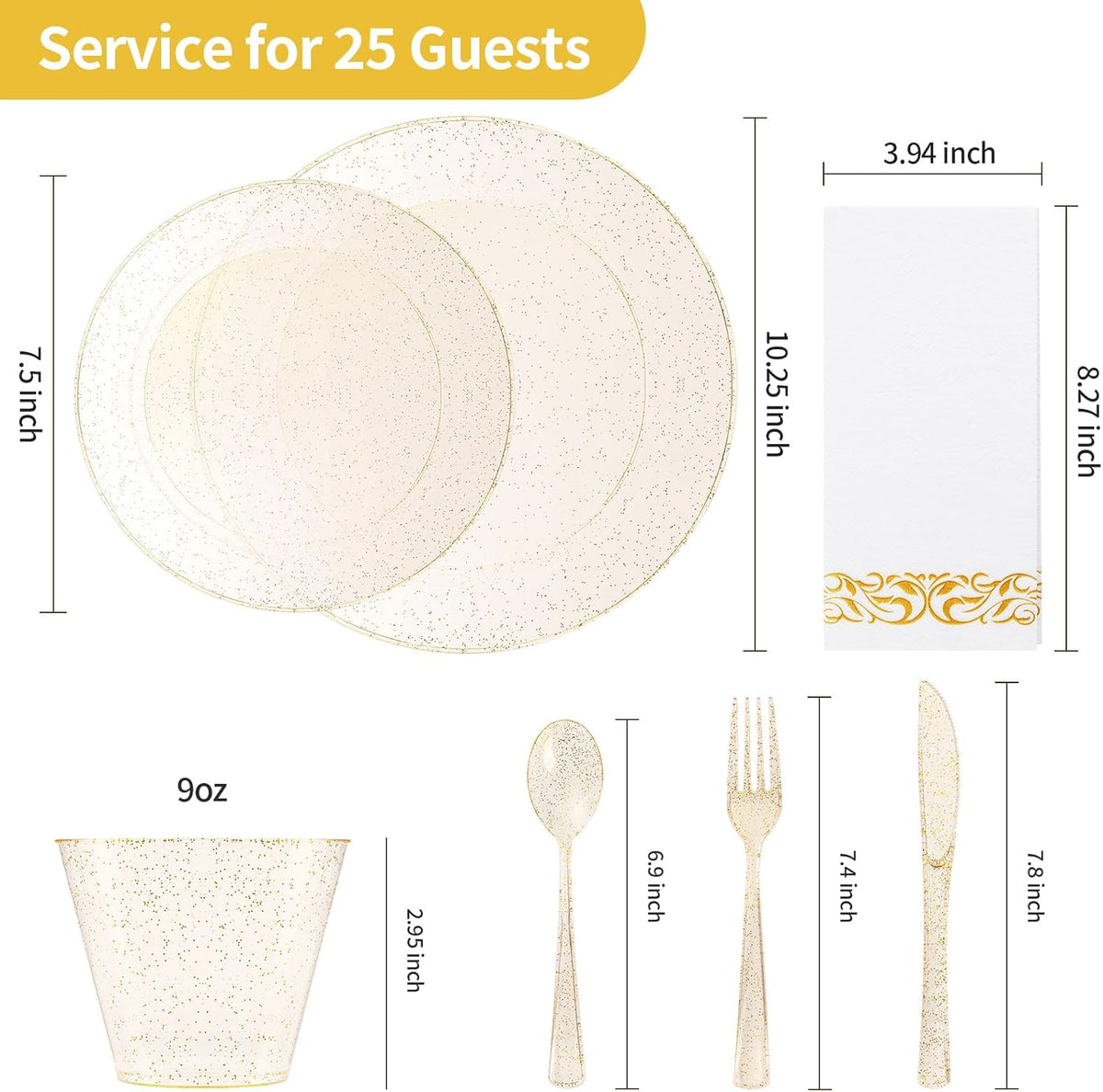 Goodluck 175 Piece Dinnerware Set for 25 Guests, Plastic Plates Disposable for Party, Include: 50 Gold Glitter Plastic Plates, 25 Paper Napkins, 25 Cups, 25 Gold Glitter Silverware Set