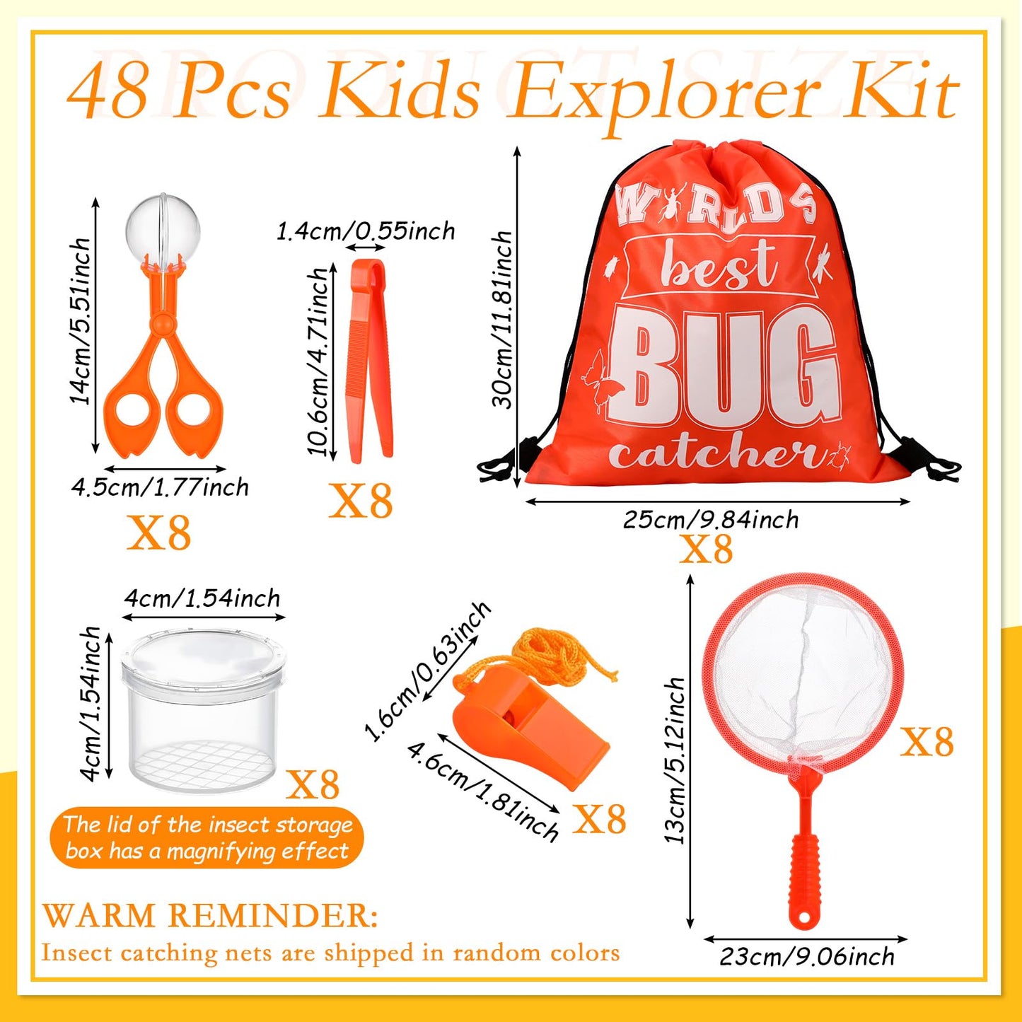 Silipull Bug Catching Kit for Kid Outdoor Explorer Kit Include Catching Scissor Tong Tweezer Clamp Bug Cage Whistle Insect Net Drawstring Bag for Boy Girl Educational Adventure Hunting (Orange,48 Pcs)