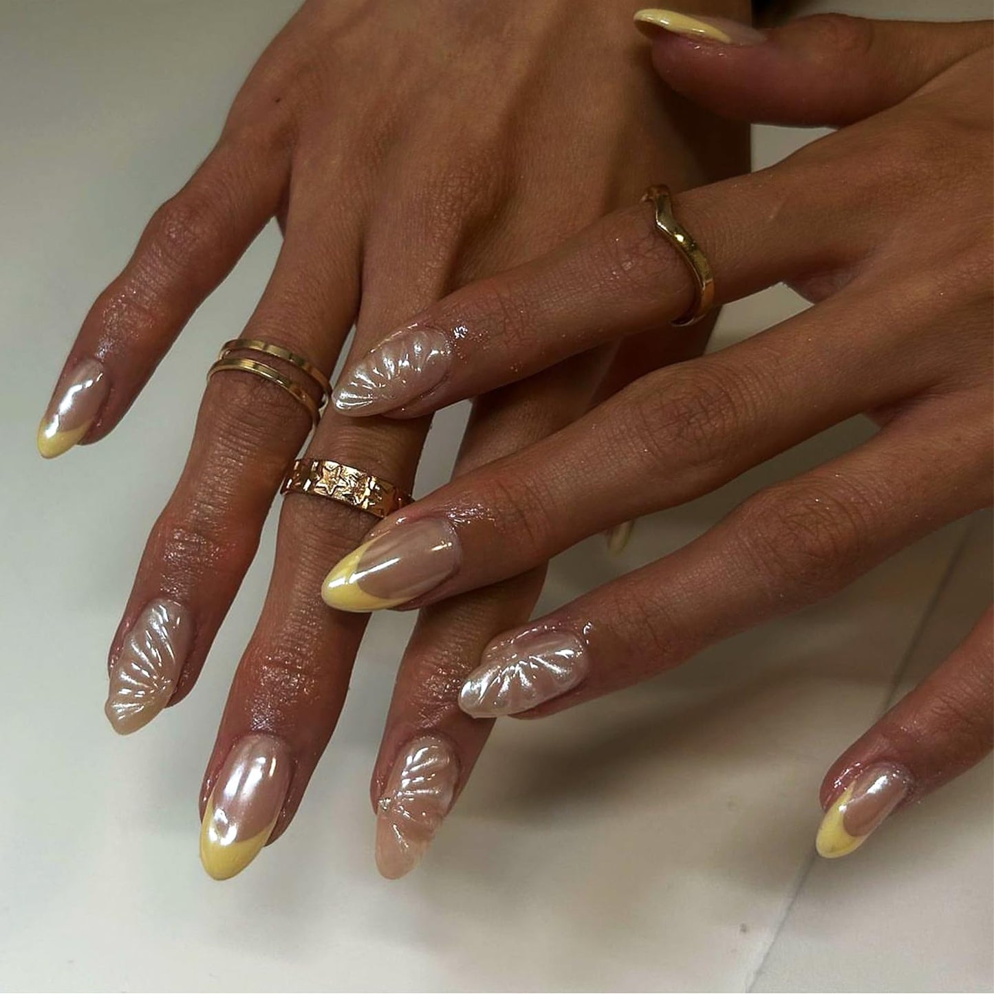 IMRAIN Chrome Press on Nails Medium Almond Fake Nails Yellow French Tips Glue on Full Cover 3D Shell & Rhinestone False Nails Cute Nude Artificial Nails - 24Pcs