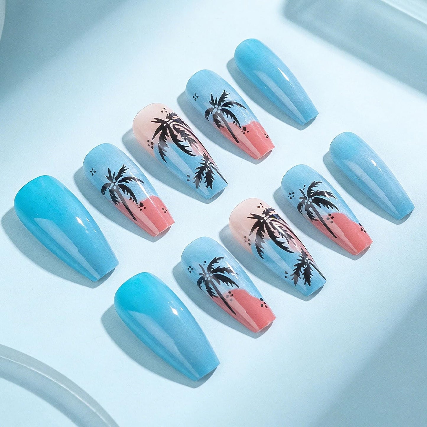 MISUD Press on Nails - Long Coffin Fake Nails with Summer Blue, Acrylic Beach Coconut Tree Design 24 pcs