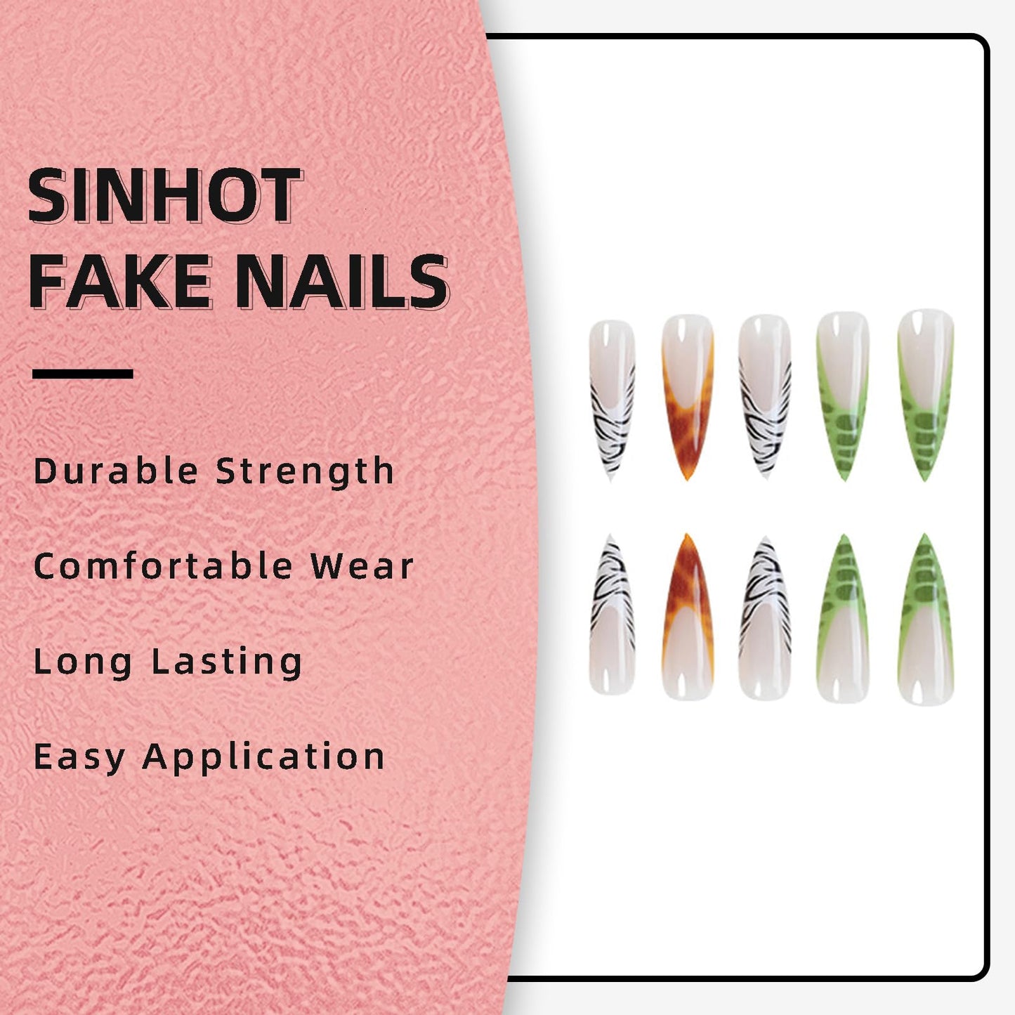 SINHOT Stiletto Press on Nails - Long Fake Nails, Glossy Leopard Print & Ombre French Tip Design, DIY Nail Art - 24 Pcs Nail Kit with Glue