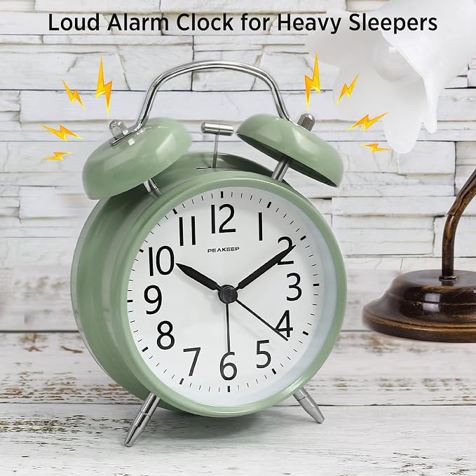 Peakeep Loud Battery Alarm Clock for Heavy Sleepers Adults Kids | Analog 4.5" Twin Bell Old School Fashioned Style for Bedrooms Living Kids?€? Room Decor (Avocado Green)
