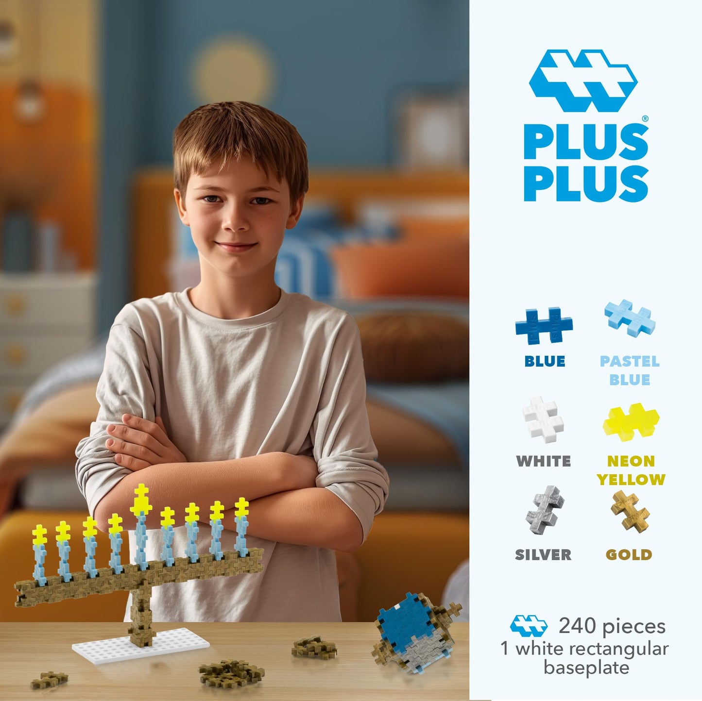 PLUS PLUS Hanukkah Building Block Kit, 3D Puzzle Stem Toy Set for Kids, 240 Mini Interlocking Pieces, Instructed Play Tube
