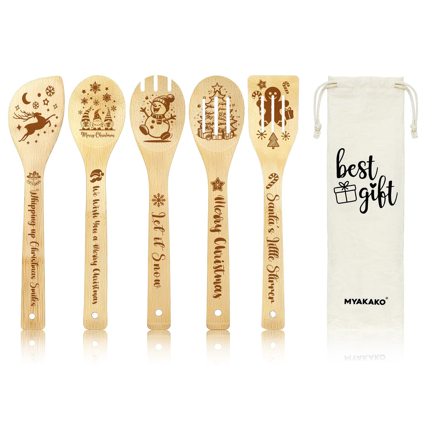 Christmas Cooking Spoons Set with Canvas Bag, 5Pcs Bamboo Non-Stick Cooking Utensils, Kitchen Accessories Housewarming Gift for Friend Women Men, Funny Thanksgiving Christmas Gift for Mom Dad