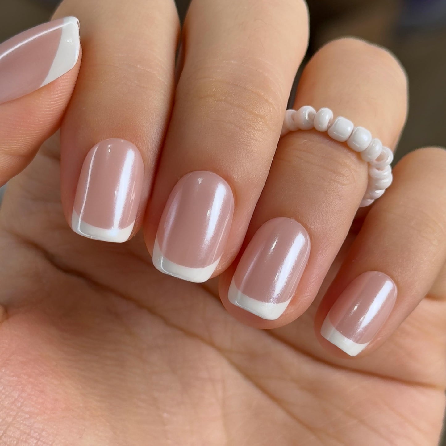 Curvlife Press On Nails Short Square White - Pearl French Tip Press on Nails with Glue, Glossy Nude White Pearl French Fake Nails Long Lasting False Nail Tips for Women