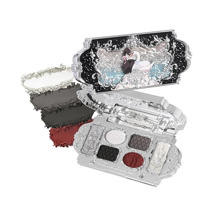 Flower Knows Swan Ballet Six-Color Makeup Palette,Eyeshadow,Blush,Highlighting & Contour All-in-One Face Makeup Palette with 4 Matte+2 Shimmer Smoky Shades(02 Black Swan,0.23 Oz)