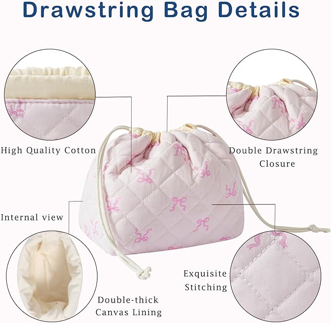 3Pcs Aesthetic Cotton Quilted Drawstring Makeup Bag Set, Aesthetic Cute Bow Makeup Pouch for Girls and Women, Aesthetic Travel Organized Cosmetic Bags for Purse(03Small Pink Bow)