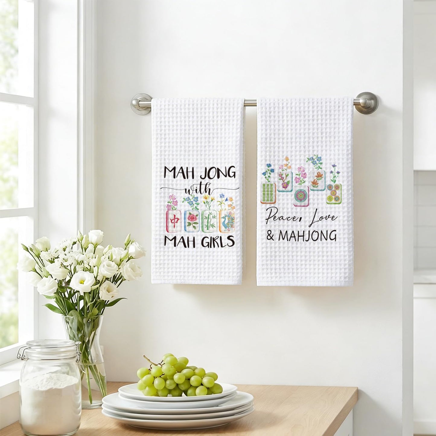 Bogatstvo Mahjong Gifts Dish Towels for Women Friends, Set of 2 Floral Mahjong Decorative Waffle Weave Kitchen Towels for Home Bar Bathroom, Housewarming Birthday Mothersday Gifts, Peace Love & Mahj