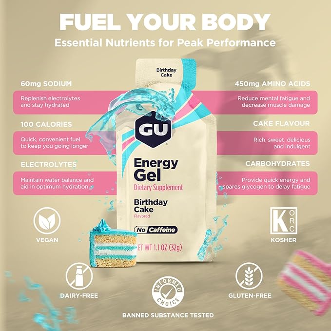 GU Energy Original Sports Nutrition Energy Gel, Vegan, Gluten-Free, Kosher, and Dairy-Free On-the-Go Energy for Any Workout, 24-Count, Birthday Cake