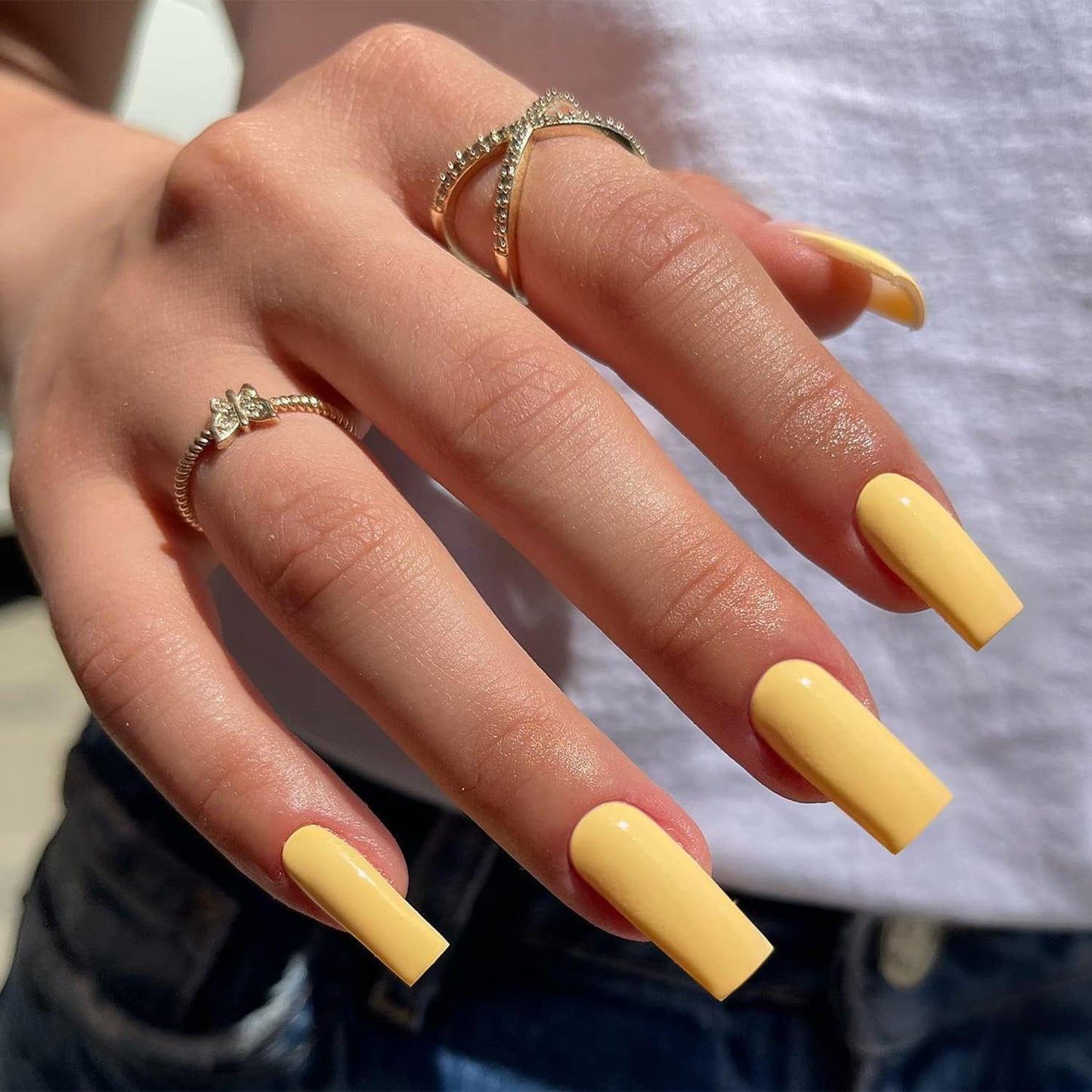 Yellow Press On Nails Medium Long Square, Xcreando Medium Coffin Nails Acrylic Nails Press ons Glue on Nails Medium Length, Solid Color Fake Nails for Women, Natural Thick Artificial Nails Stick on
