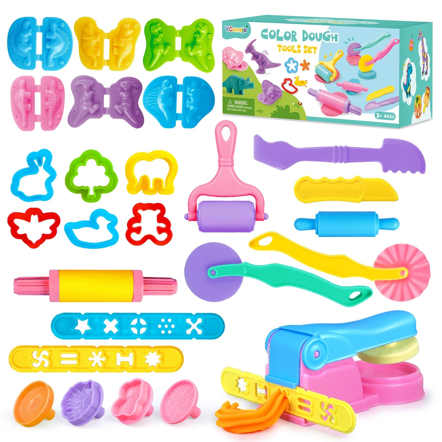 VConejo Dough Tools Set for Kids, 26pcs Dough and Clay Accessories with Stamps, Animal Cutters, Rollers, Extruder, Dinosaur Play Molds, Educational Toys for Boys Girls