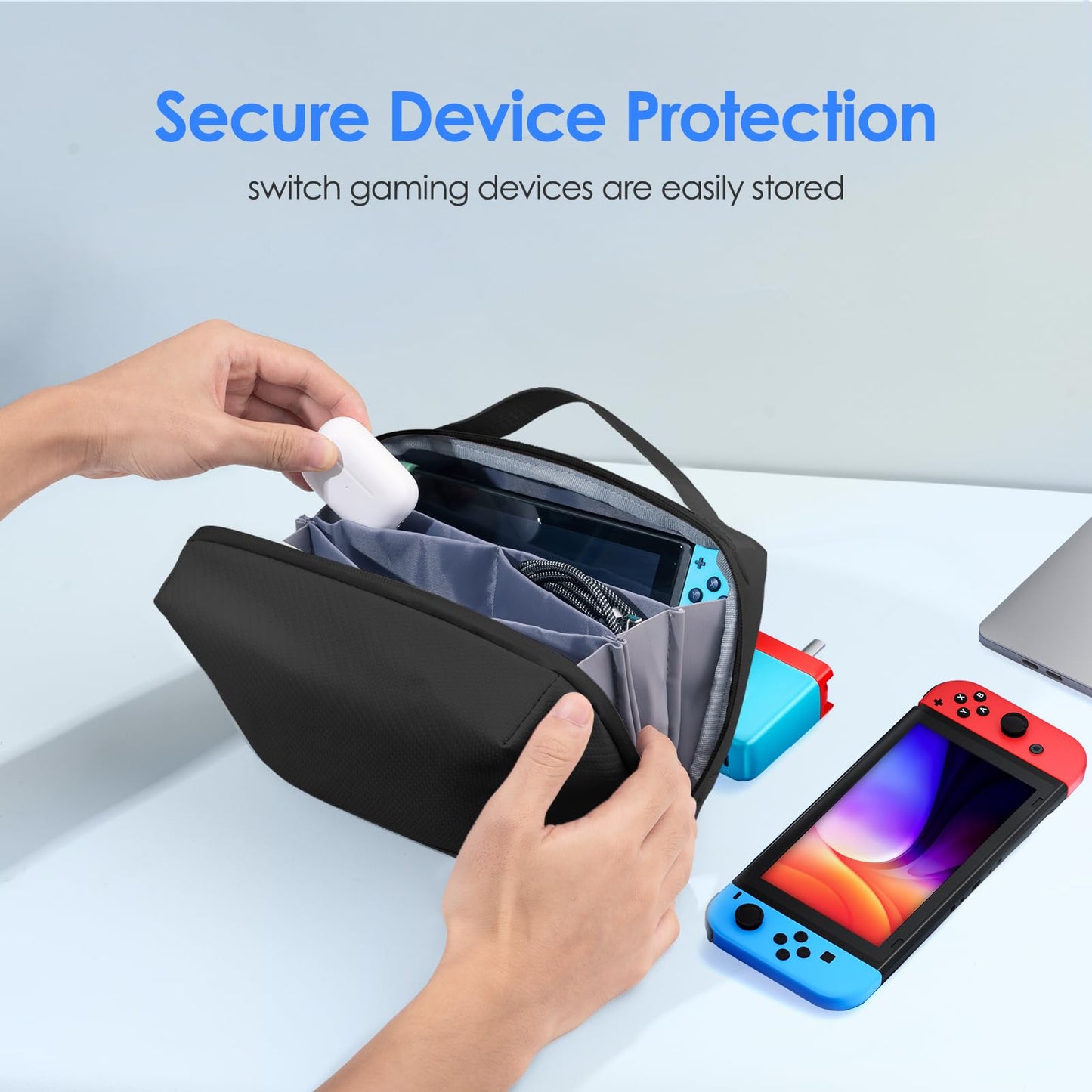 LENTION Premium Electronics Organizer Case with Handle, Large Multi-Compartment Travel Tech Bag for Tablet, Macbook Chargers, Cables, AirPods, Hard Drive Case Waterproof Travel Accessory(M372 Black)