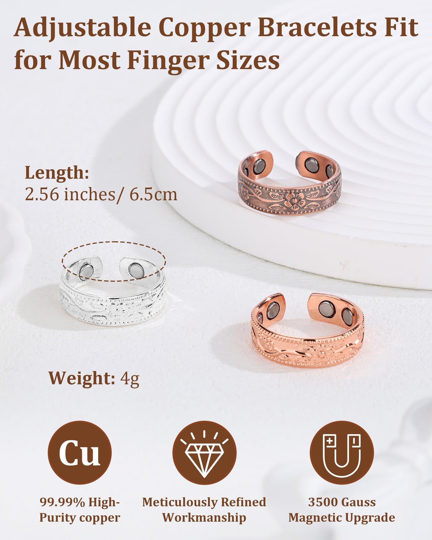 BioMag Magnetic Lymphatic Drainage Ring Set, 3Pcs 99.99% Pure Copper Rings for Women with 3500 Gauss Magnets, Adjustable Size, Floral Branch and Leaf Pattern