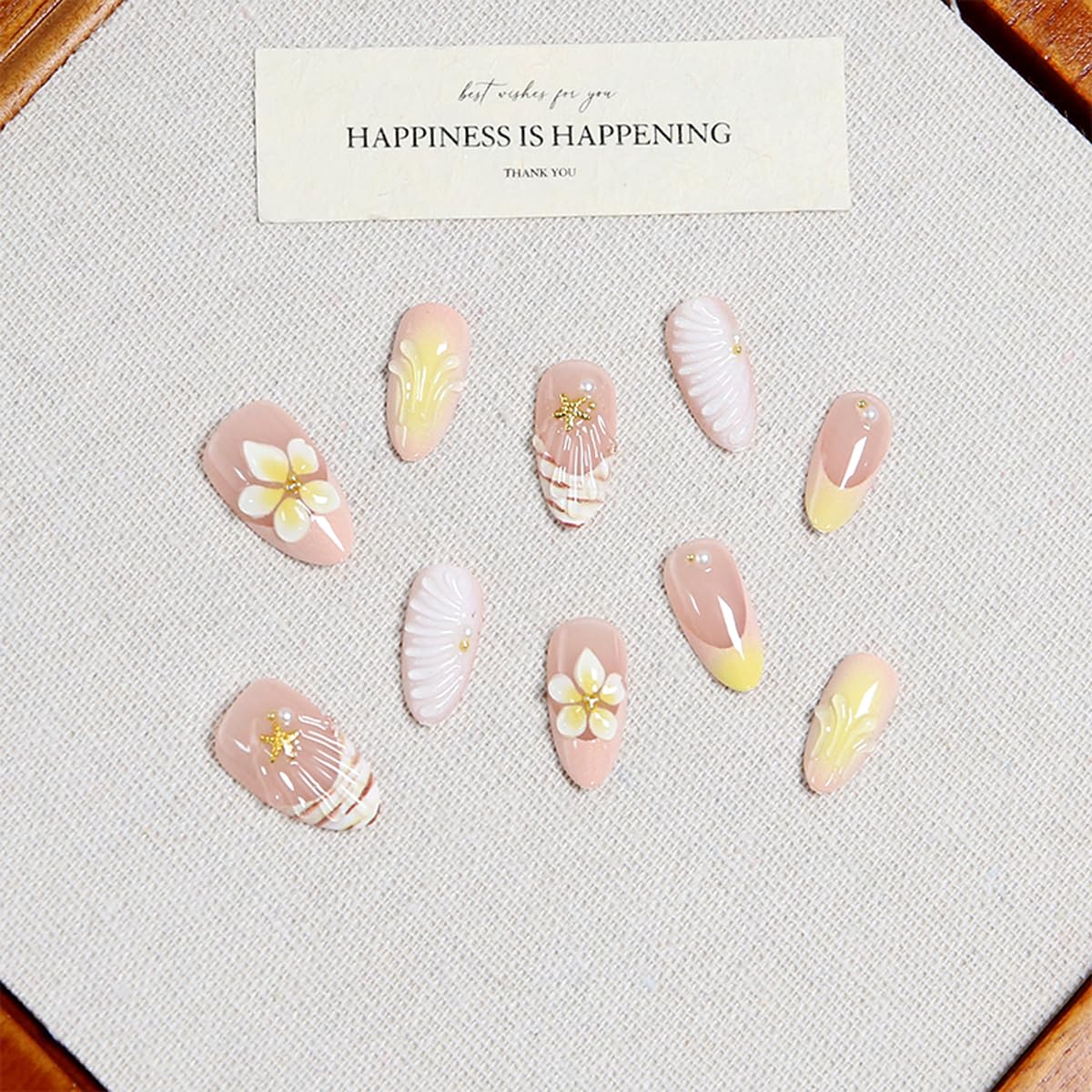30Pcs Summer Yellow Press on Nails Medium Almond Nails Press on with 5D Flower, Pearl & Water Ripple Design French Tip Fake Nails Glossy Shell Glue on Nail Reusable Summer Nail for Women Manicure