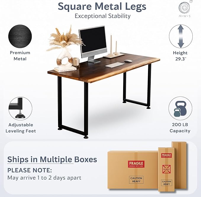 Solid Walnut Wood Computer Desk – Live Edge Wooden Home Office Desk with Sturdy Metal Legs – Handmade Real Wood Table for Work, Study, or Gaming - 60” x 27”