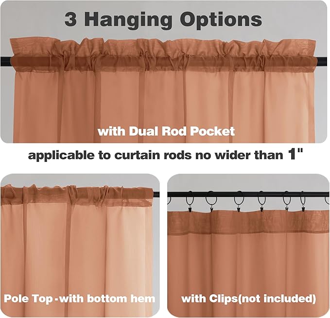 Chyhomenyc Orange Sheer Curtains 45 Inch Long 2 Panels, Light Filtering Rod Pocket Voile Short Curtains Drapes for Living Room Bedroom Small Windows, 42Wx45L Inches