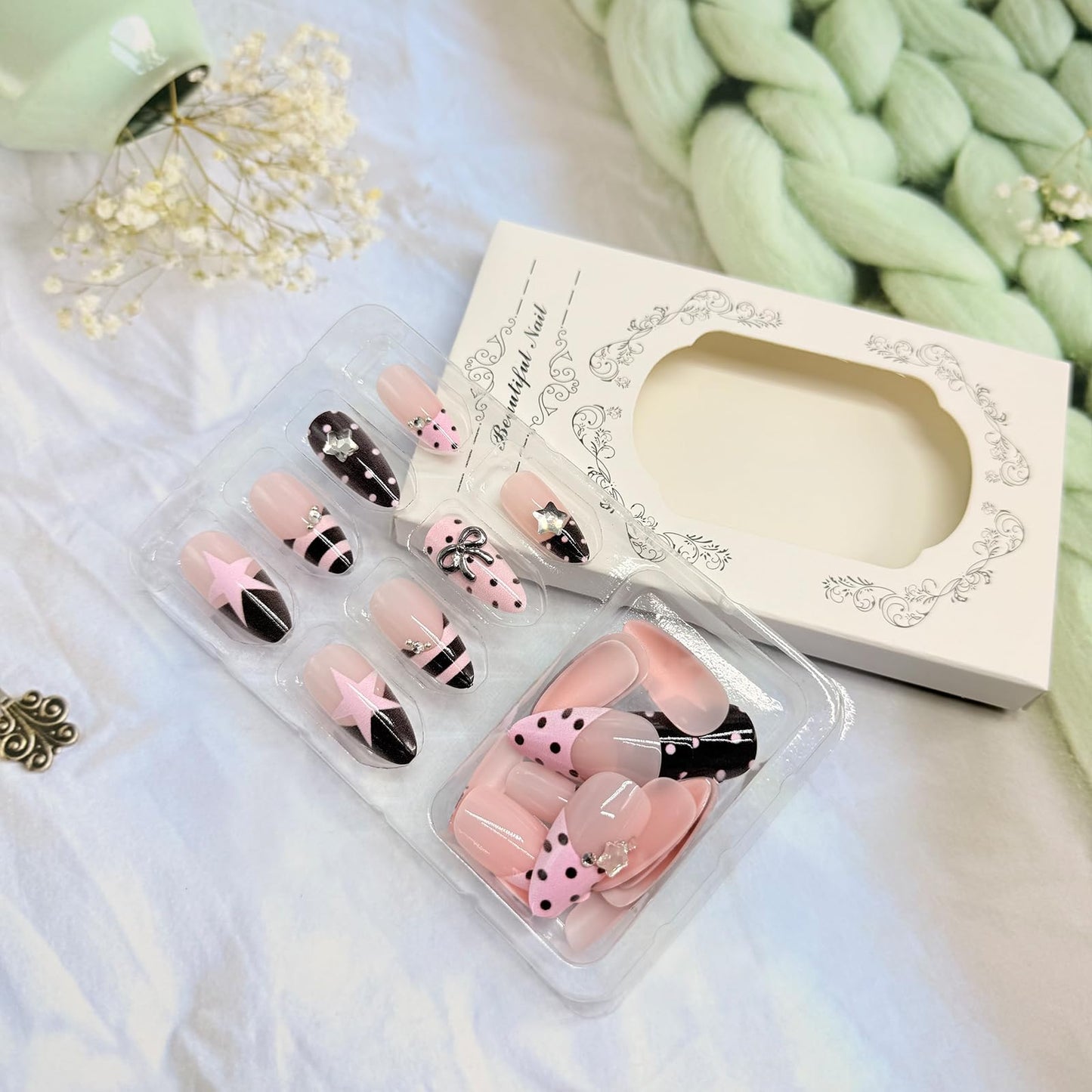 Polka Dot Press on Nails Almond Medium Fake Nails with Designs Bow Stars Stick on Nail Cute French Acrylic False Nail Rhinestone Artificial Nail Glossy Full Cover Glue on Nails for Women