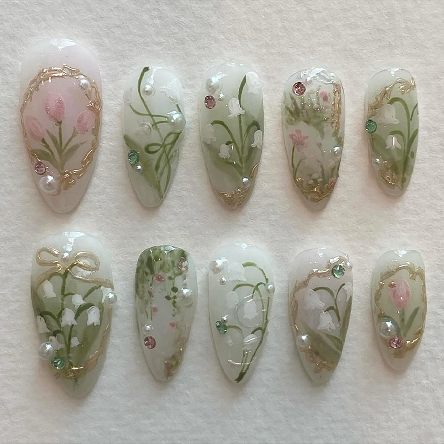 24Pcs Green Press on Nails Medium Almond Fake Nails 3D Pearl Rhinestones Glitter Designs Gold French Tips Flower Glue on Nails Spring False Nails Full Cover Stick on Nails for Women Acrylic Nails