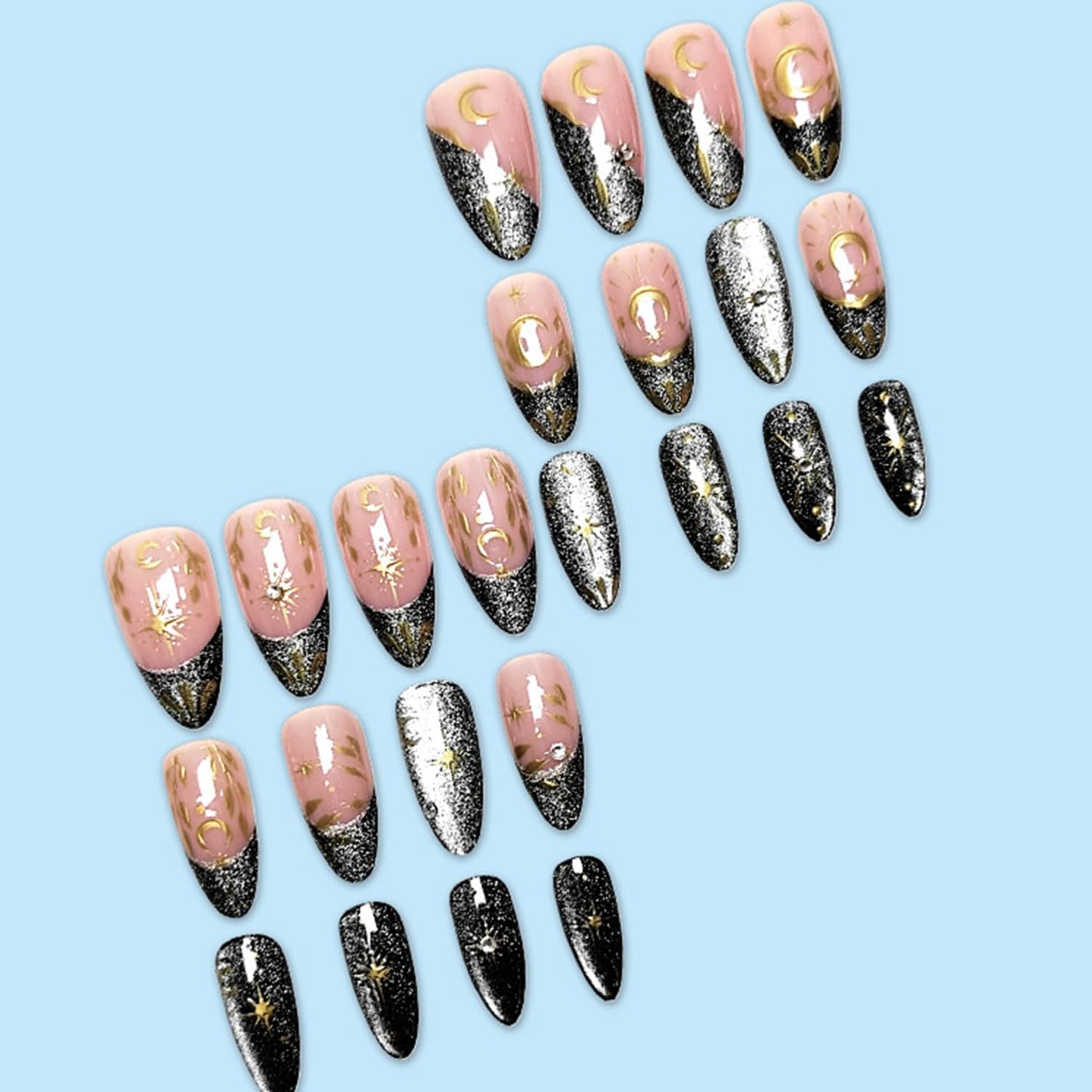 3D Gold Star Moon Press on Nails Rhinestones French Tip Fake Nails with Leaf Design Long Almond Acrylic False Nail Mirror Full Cover Glue on Nail for Women