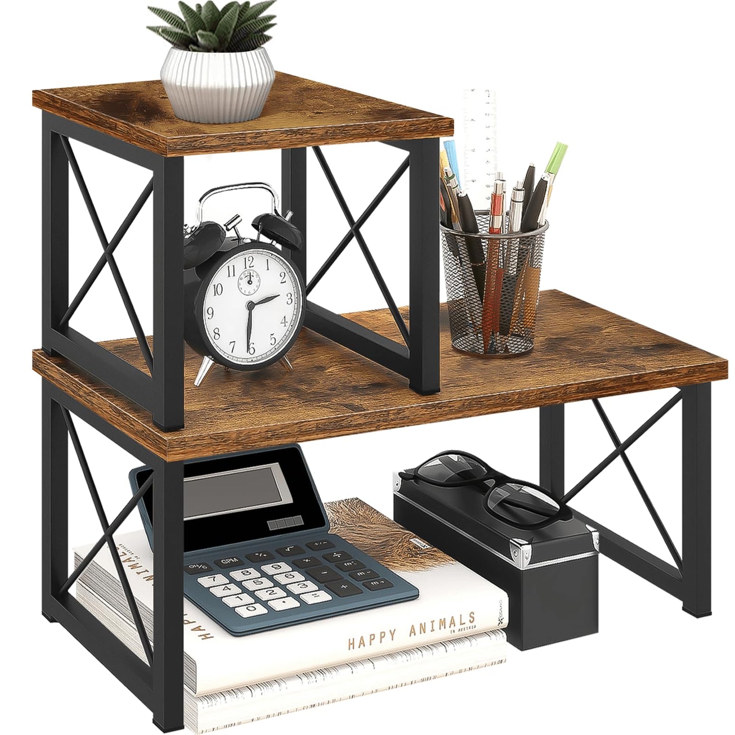 ELITEROO Wood Desktop Shelf, 2 Tier Adjustable Small Bookshelf Organizer, Freestanding Stackable Desk Stand, Storage Organizers, Kitchen Counter Display Rack, Rustic Brown
