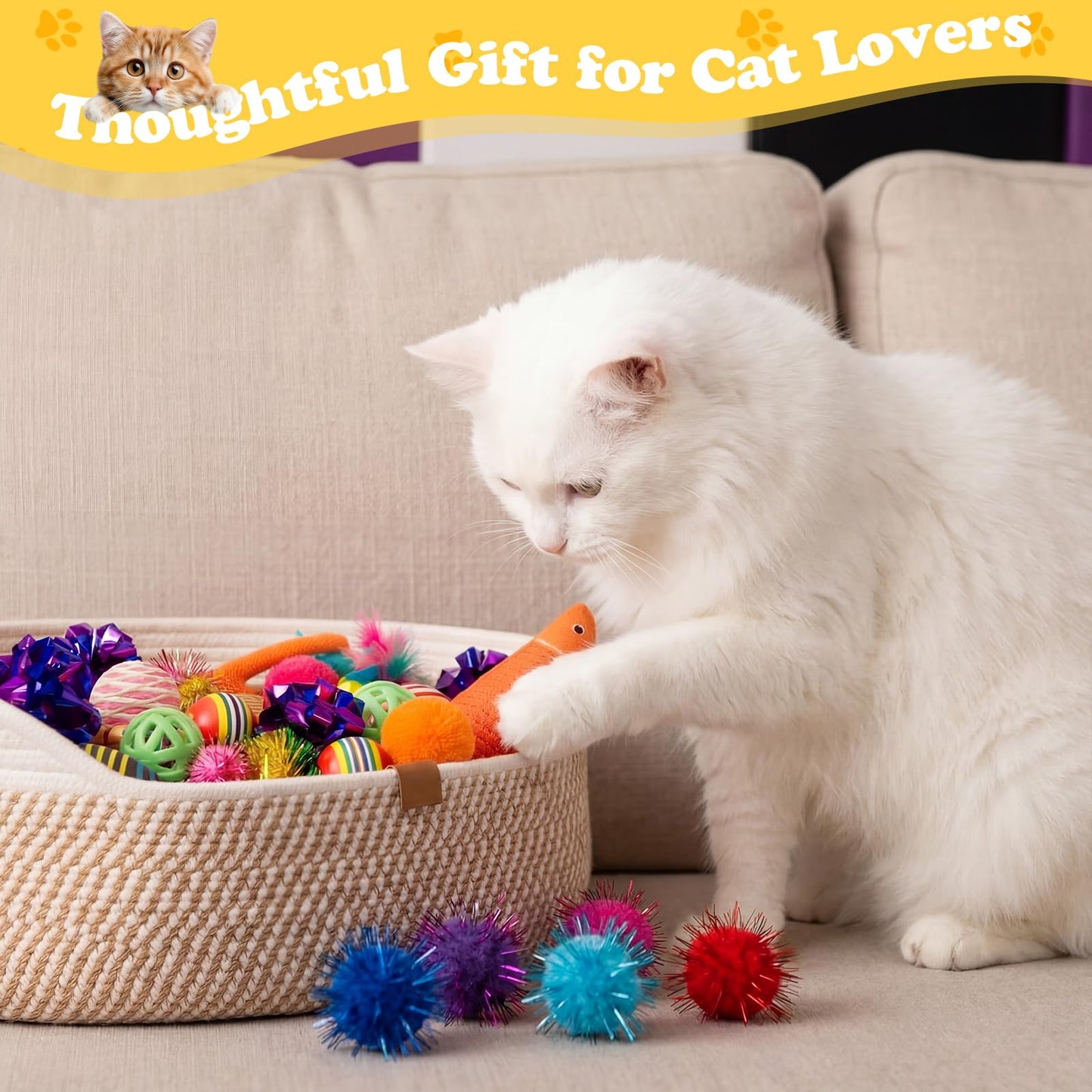 Leitee Mother's Day Cat Bed Storage Basket with 40 Pcs Cat Variety Toys Pack Set Includes Pillows, Spring Toy, Fish, Chew Rope and Balls for Kitten Kitty Swat Hunt Interactive Pet(White,Yellow)