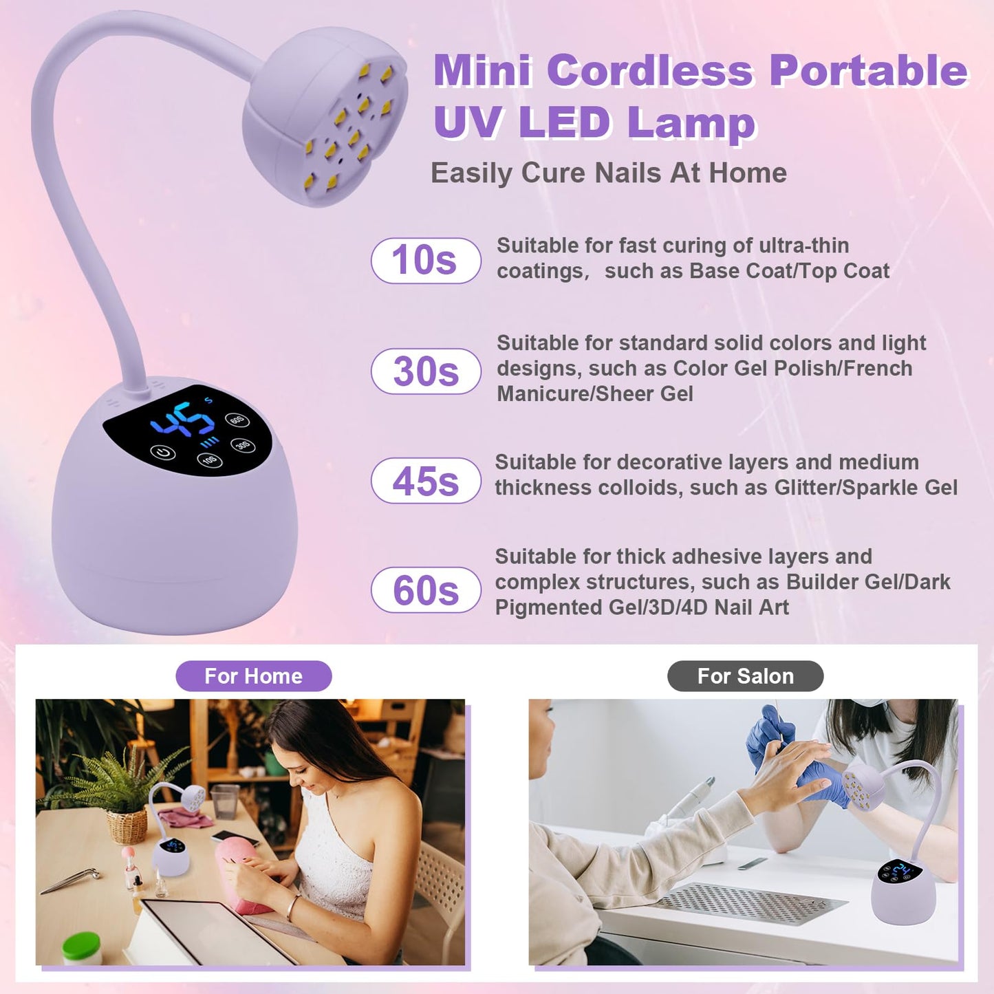 CGBE UV Nail Lamp, Cordless Gooseneck Gel x Lamp, 36W Mini Flash Cure Light, Portable USB LED Nail Light with 4 Timers & Auto Sensor for Salon Home DIY Use, Purple