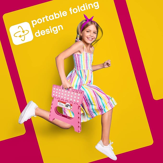 ACSTEP Folding Step Stool for Adults-11 Height Lightweight Plastic Stepping Stool. Foldable Step Stool Hold up to 300lbs Non Slip Collapsible Stool for Kitchen, Bathroom, Pink