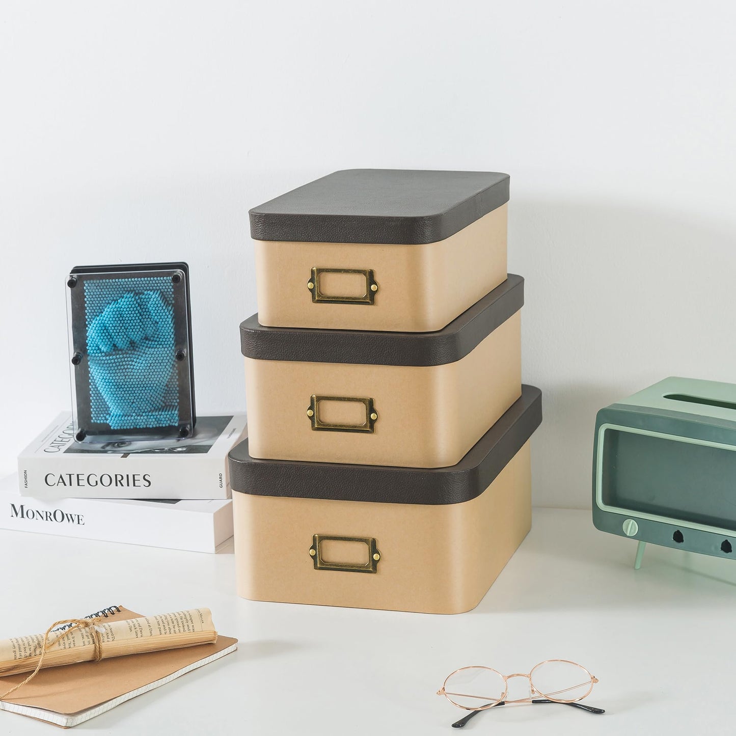 Soul & Lane Kraft Decorative Boxes with Buffalo Leather Lids - Set of 3, Cardboard Memory Boxes for Keepsakes with Bronze Label Holders, Perfect for Home and Office Decor and Organizing