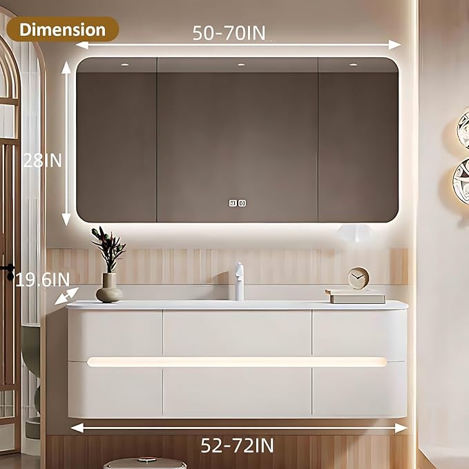 64IN Bathroom Vanity - Bathroom Vanity with Sink with Intelligent Induction Light | Wall-Mounted Bathroom Vanity with Intelligent LED Mirror Cabinet & 6 Drawers, Cream Color