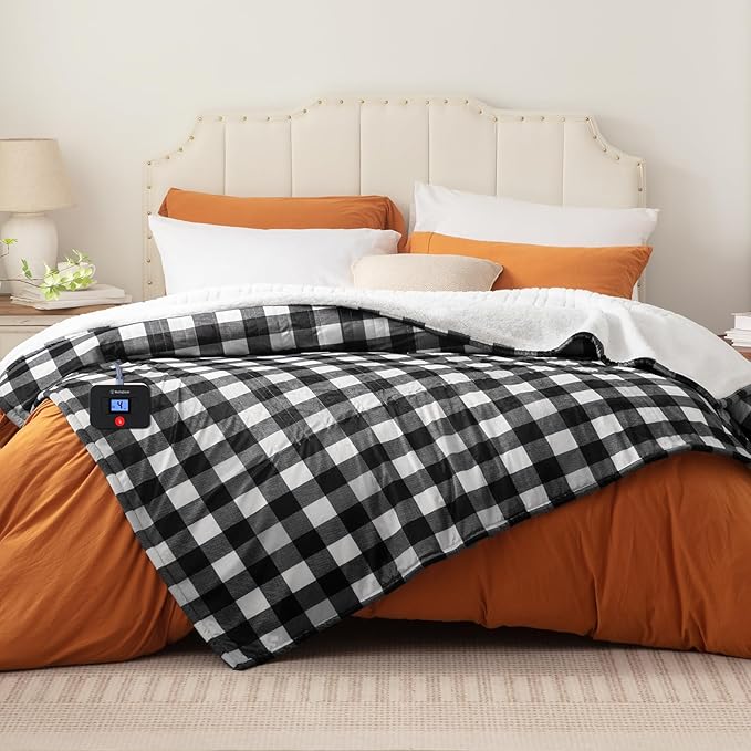 Westinghouse Full Size Heated Blanket Electric Blanket, Flannel & Sherpa Heating Blanket with10 Heating Levels & 1 to 12 Hours Heating Time Settings, Fast Heating Blanket Black Plaid, 72x84 Inches