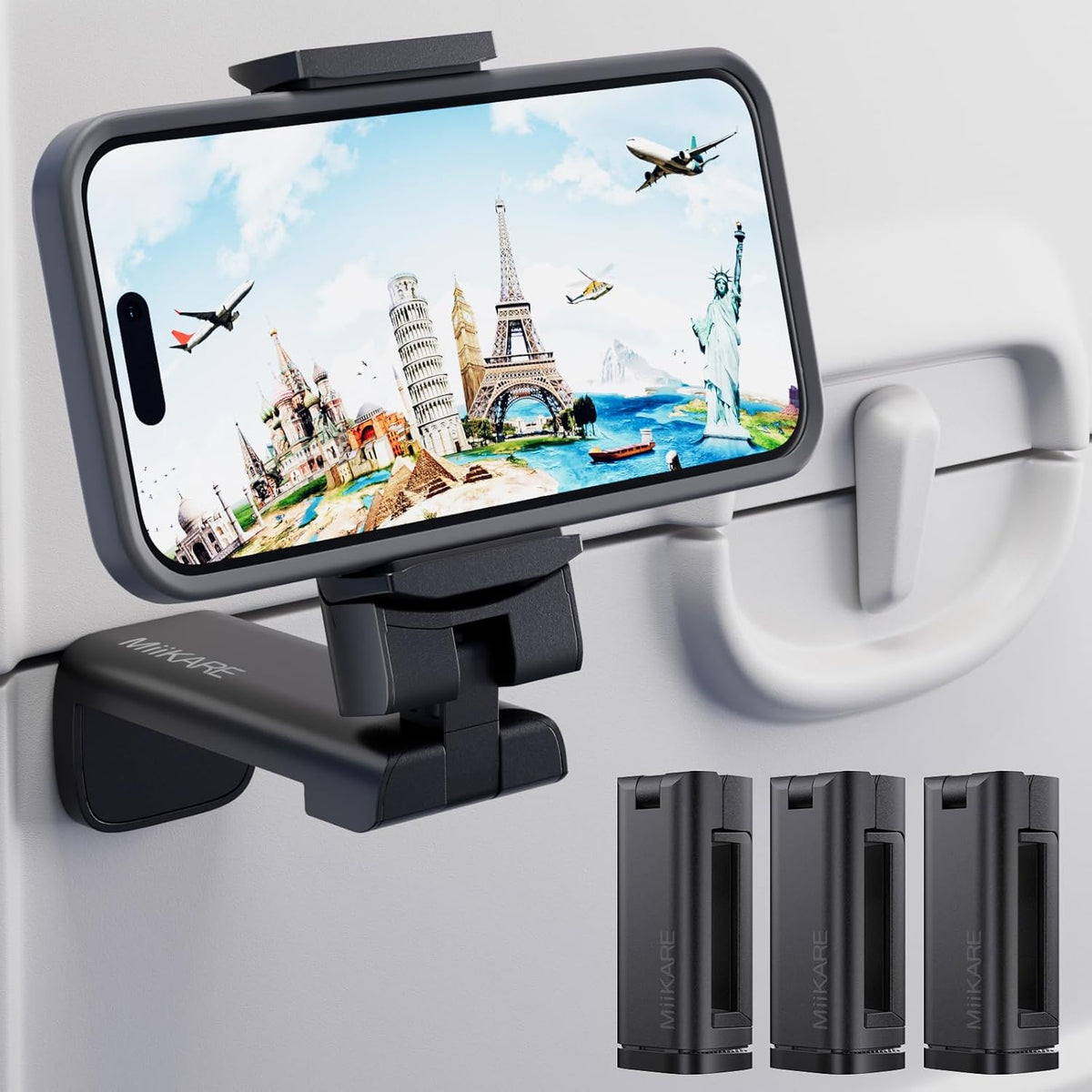 MiiKARE Airplane Travel Essentials Phone Holder, Universal Handsfree Phone Mount for Flying with 360 Degree Rotation, Accessory for Airplane, Travel Must Haves Phone Stand for Desk, Black&Black&Black