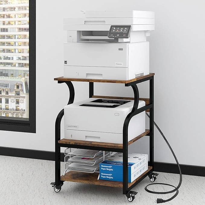 Natwind Large 3-Tier Rolling Printer Cart with Adjustable Shelf, 24”x20” Mobile Stand for Heat Press, 3D Printer, Home Office Multifunctional Shelves with Locking Wheels (Retro)