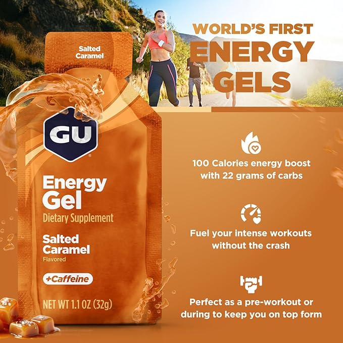GU Energy Original Sports Nutrition Energy Gel, Vegan, Gluten-Free, Kosher, and Dairy-Free On-the-Go Energy for Any Workout, 24-Count, Salted Caramel