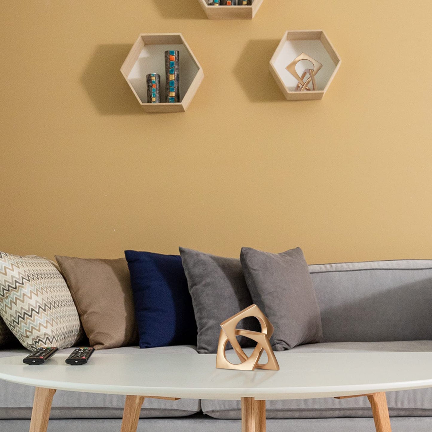 Modern Geometric Cube Decorations - Gold Knot Statues for Home, Bookcase, Tabletop, Console, Entryway & Dining Table Centerpieces