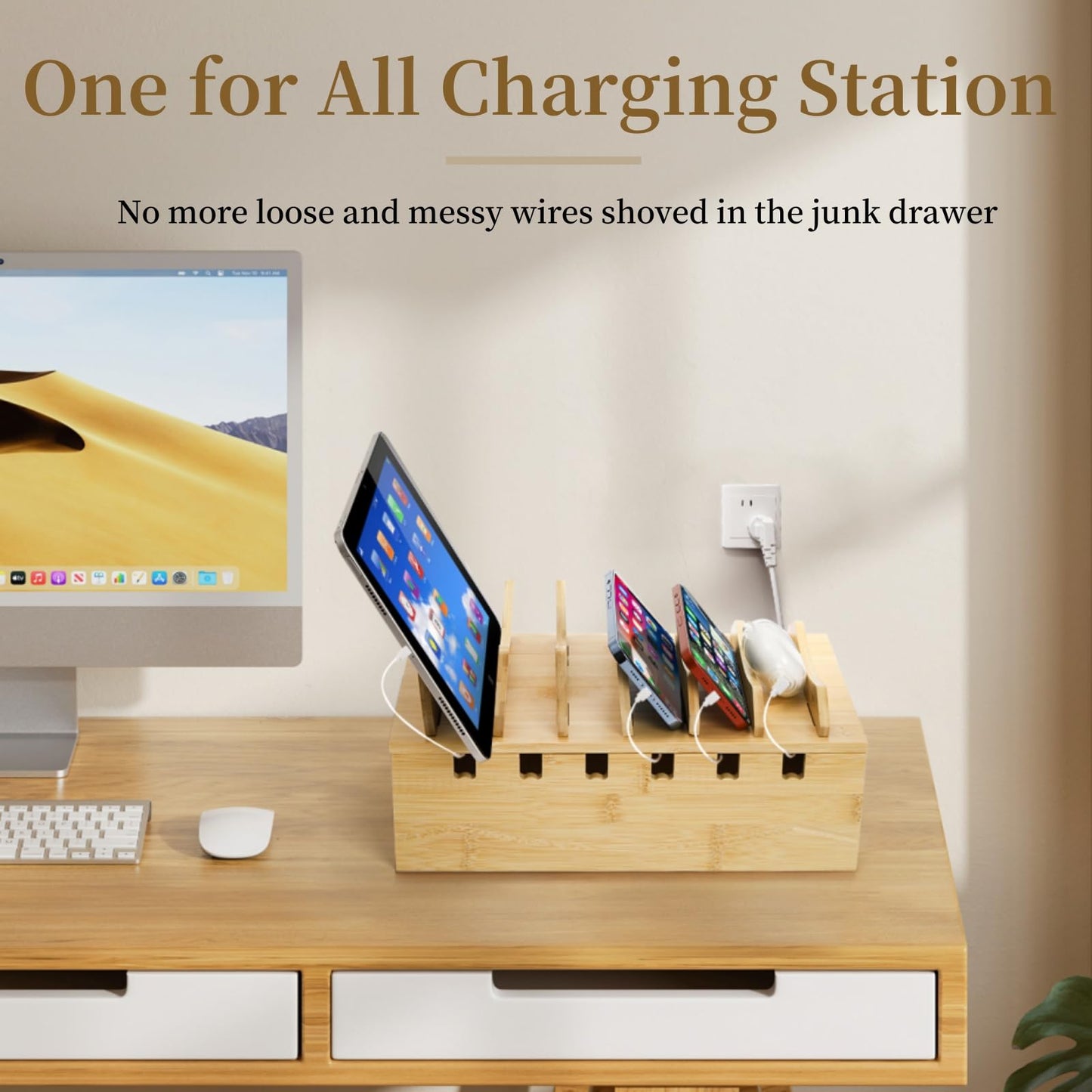 WRINGKIT Bamboo Charging Station for Multiple Devices, Desktop Charging Organizer with Removable Divider Slots, Docking Stations Stand for 6 Devices, Compatible with Tablets, iPads, Cell Phone, Laptop