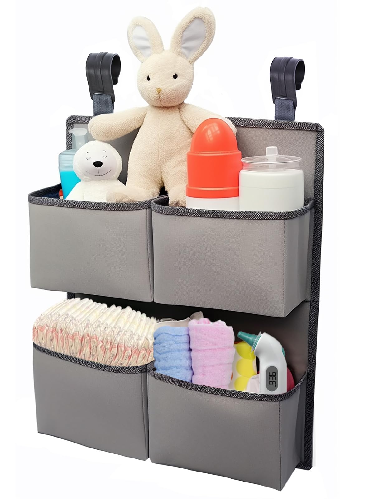 KIKJOK Hanging Diaper Organizer for Crib/Playpen/Bassinet – Hold 80+ Diapers - 4 Deep Pockets-H19in x L15 in Changing Table Diaper Holder - Hanging Diaper Storage Stacker Nursery Caddy - Gray