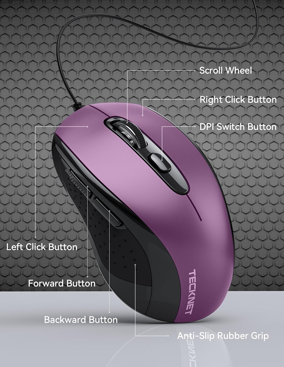 TECKNET USB Wired Mouse, 3600DPI Corded Computer Mouse with 4 Adjustable Levels, 6-Button 5FT Cord Ergonomic Mice, Home and Office Mouse for Laptop PC Desktop Notebook - Purple